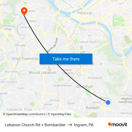 Lebanon Church Rd + Bombardier to Ingram, PA map