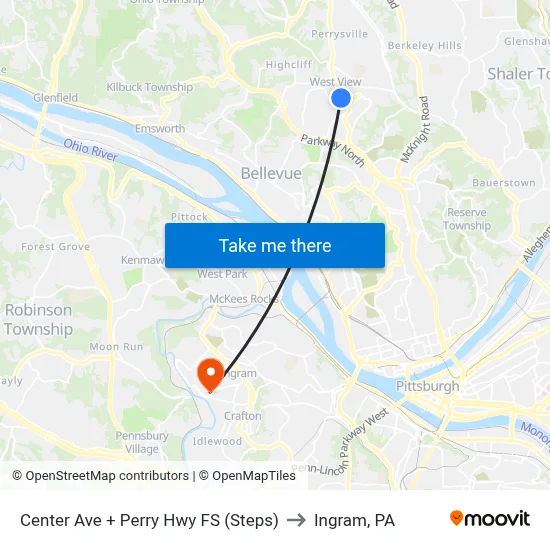 Center Ave + Perry Hwy FS (Steps) to Ingram, PA map