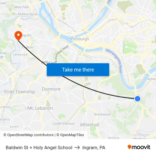 Baldwin St + Holy Angel School to Ingram, PA map