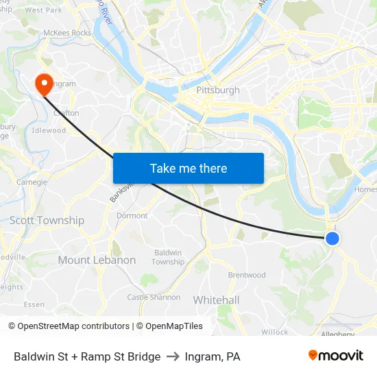 Baldwin St + Ramp St Bridge to Ingram, PA map