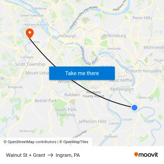 Walnut St + Grant to Ingram, PA map