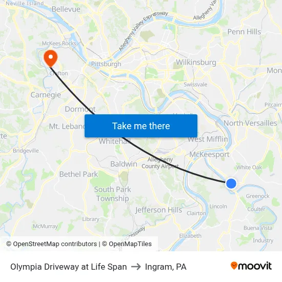 Olympia Driveway at Life Span to Ingram, PA map