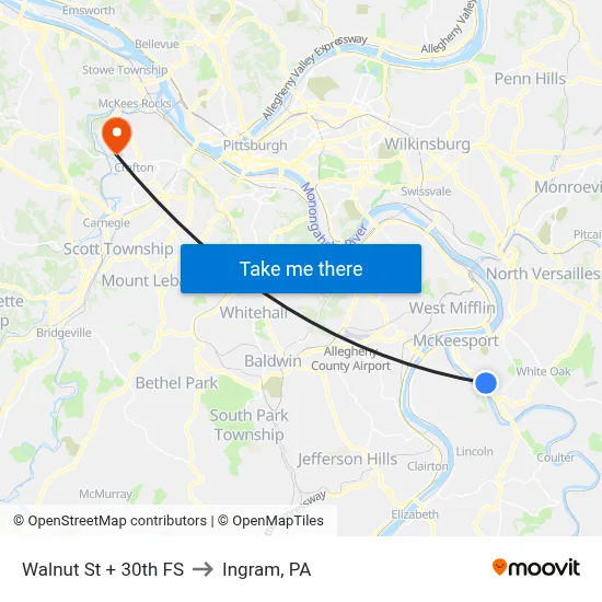 Walnut St + 30th FS to Ingram, PA map