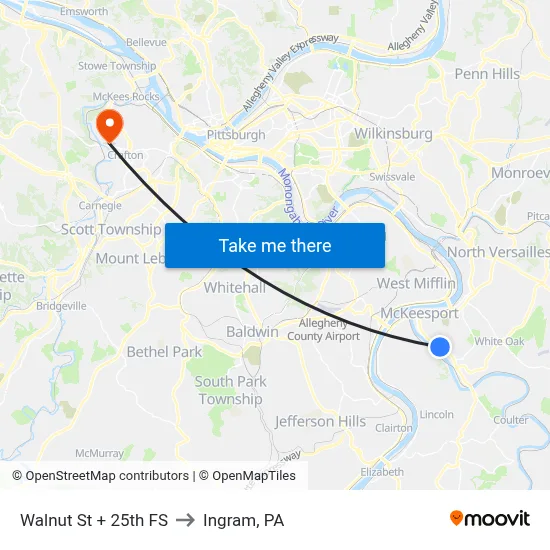Walnut St + 25th FS to Ingram, PA map