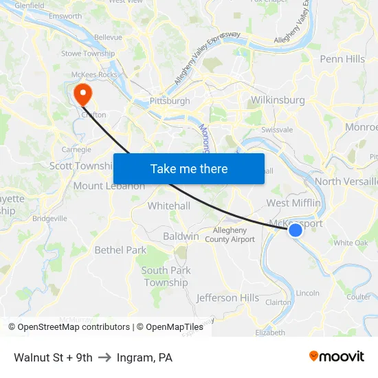 Walnut St + 9th to Ingram, PA map