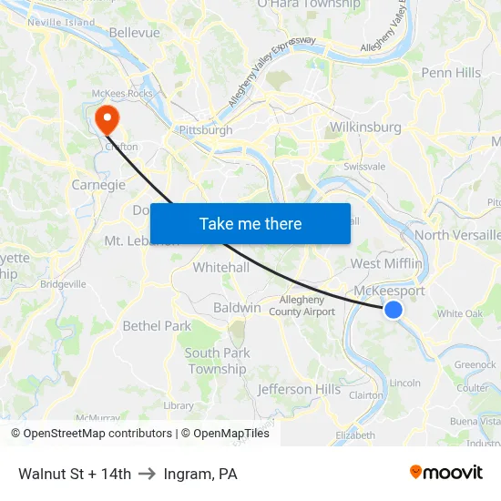 Walnut St + 14th to Ingram, PA map