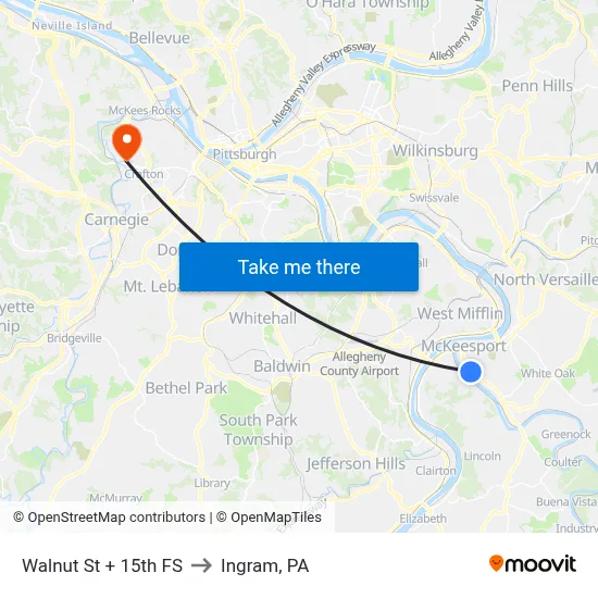 Walnut St + 15th FS to Ingram, PA map
