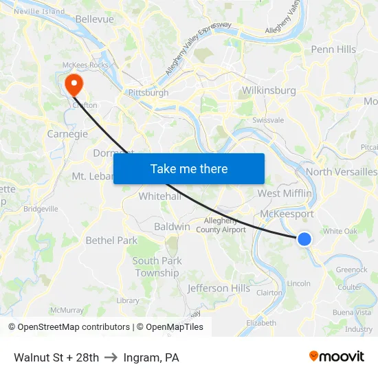 Walnut St + 28th to Ingram, PA map