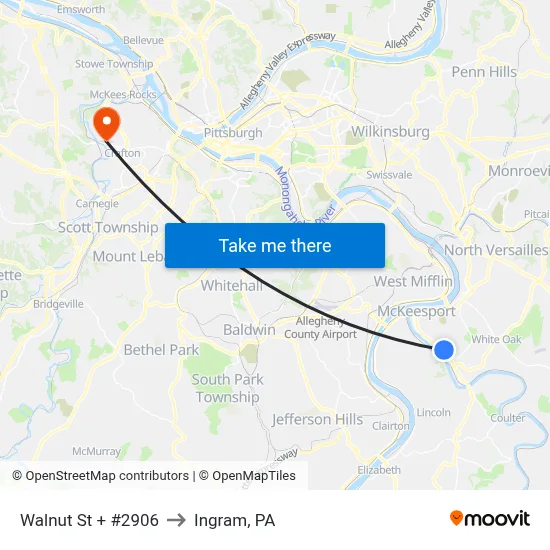 Walnut St + #2906 to Ingram, PA map