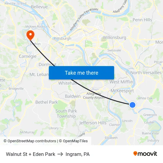 Walnut St + Eden Park to Ingram, PA map