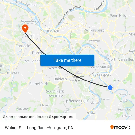 Walnut St + Long Run to Ingram, PA map