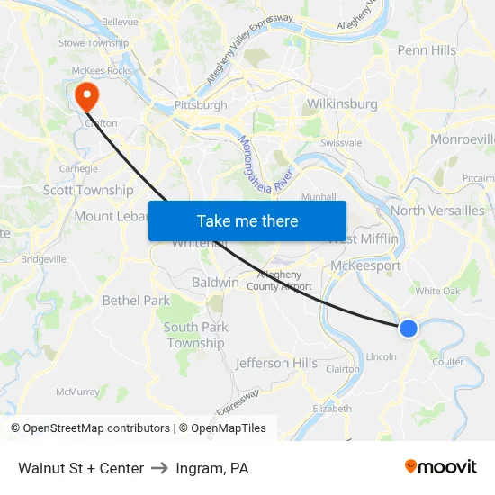 Walnut St + Center to Ingram, PA map
