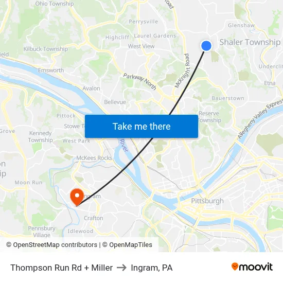 Thompson Run Rd + Miller to Ingram, PA map