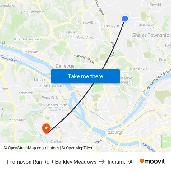 Thompson Run Rd + Berkley Meadows to Ingram, PA map