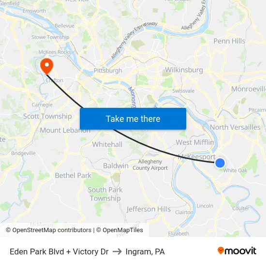 Eden Park Blvd + Victory Dr to Ingram, PA map