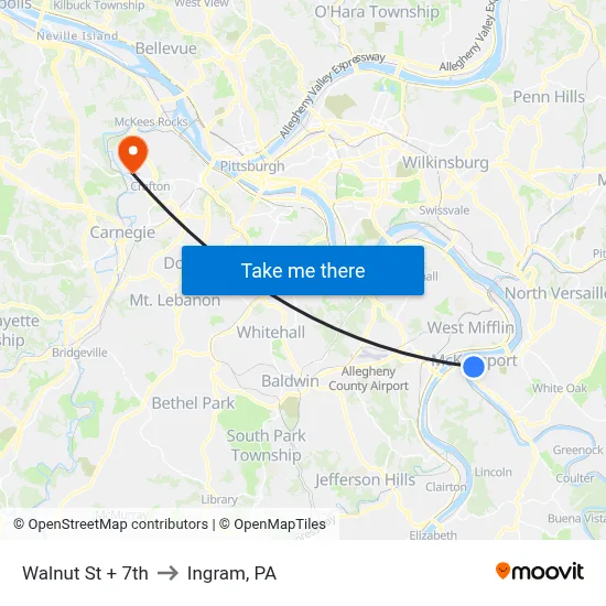 Walnut St + 7th to Ingram, PA map