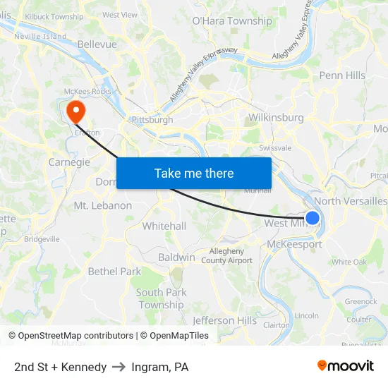 2nd St + Kennedy to Ingram, PA map