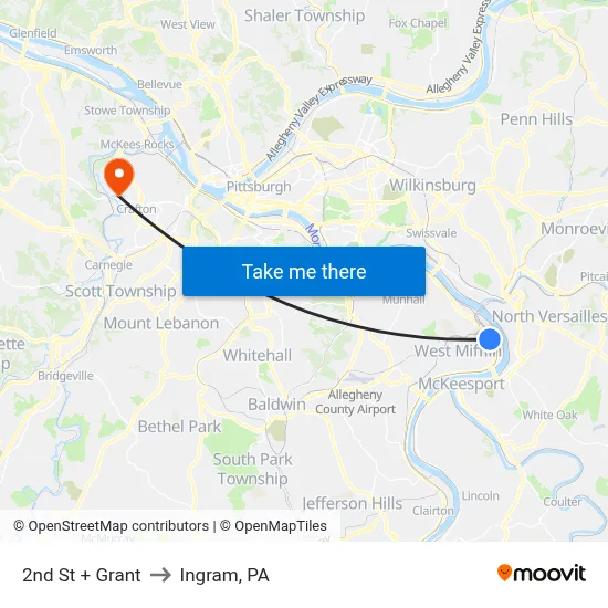 2nd St + Grant to Ingram, PA map