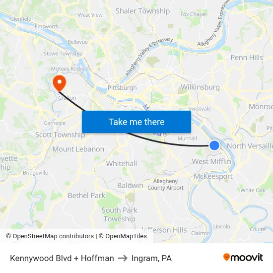 Kennywood Blvd + Hoffman to Ingram, PA map