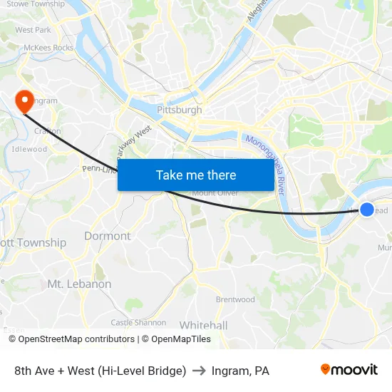 8th Ave + West (Hi-Level Bridge) to Ingram, PA map