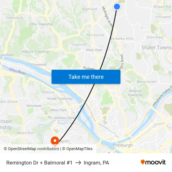Remington Dr + Balmoral #1 to Ingram, PA map