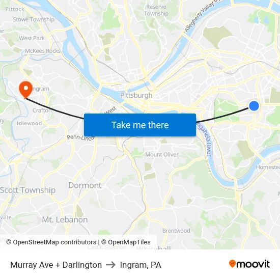 Murray Ave + Darlington to Ingram, PA map
