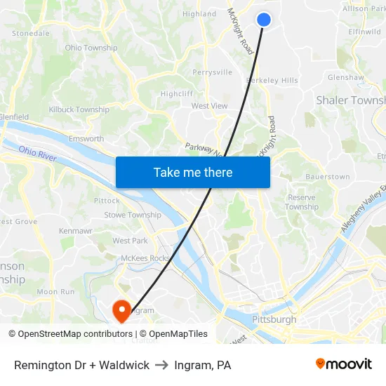 Remington Dr + Waldwick to Ingram, PA map