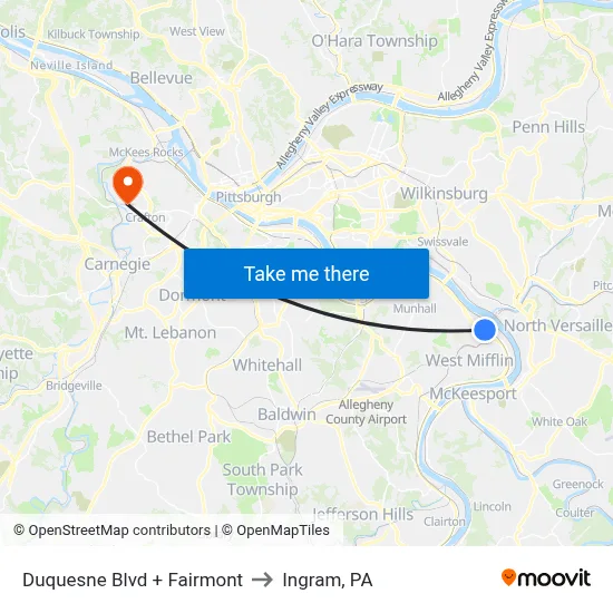 Duquesne Blvd + Fairmont to Ingram, PA map