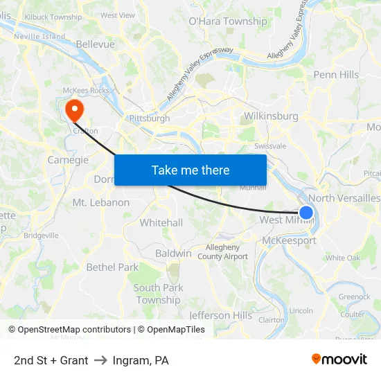 2nd St + Grant to Ingram, PA map