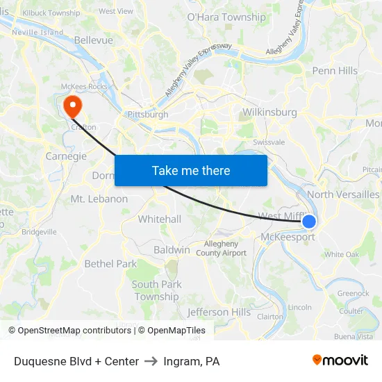 Duquesne Blvd + Center to Ingram, PA map