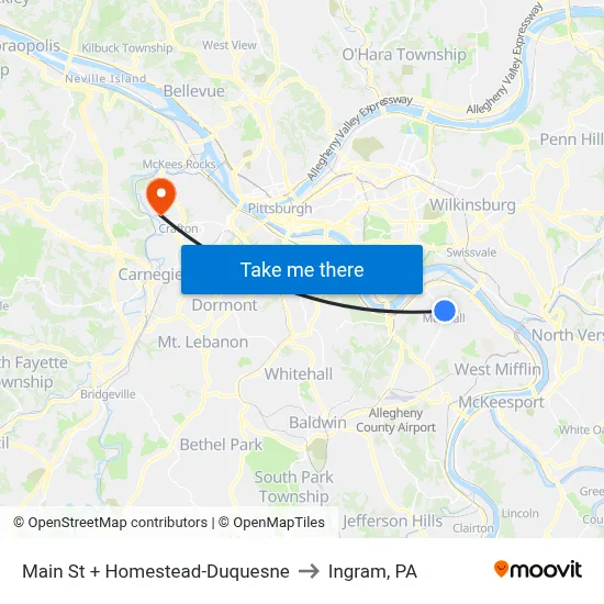 Main St + Homestead-Duquesne to Ingram, PA map