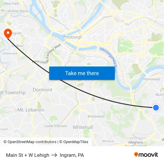 Main St + W Lehigh to Ingram, PA map