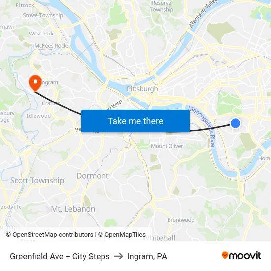 Greenfield Ave + City Steps to Ingram, PA map