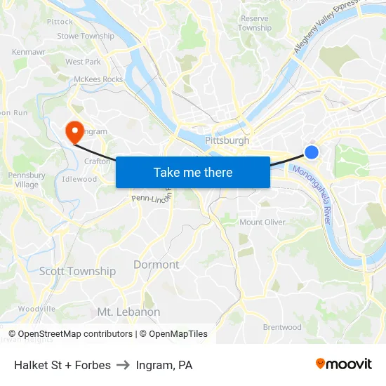 Halket St + Forbes to Ingram, PA map