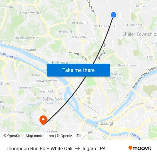 Thompson Run Rd + White Oak to Ingram, PA map