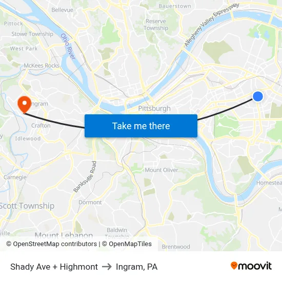 Shady Ave + Highmont to Ingram, PA map