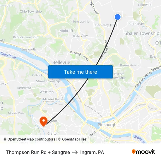 Thompson Run Rd + Sangree to Ingram, PA map