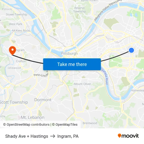 Shady Ave + Hastings to Ingram, PA map