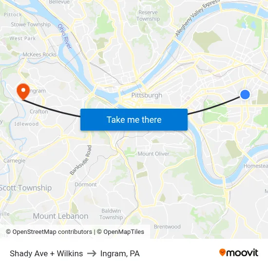 Shady Ave + Wilkins to Ingram, PA map