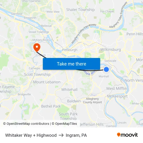 Whitaker Way + Highwood to Ingram, PA map