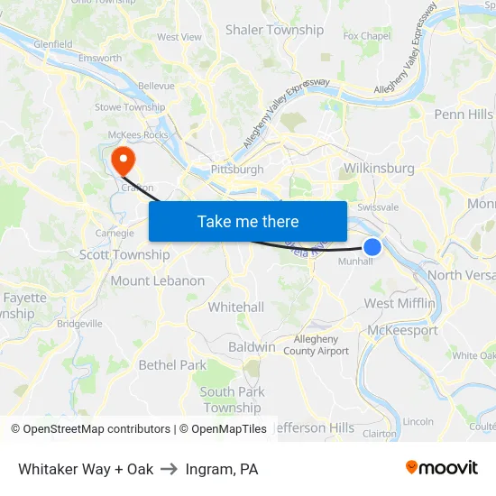Whitaker Way + Oak to Ingram, PA map