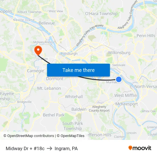 Midway Dr + #18c to Ingram, PA map