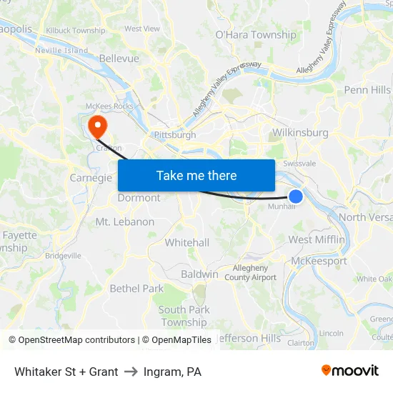 Whitaker St + Grant to Ingram, PA map