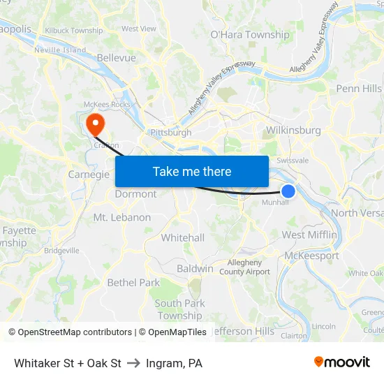 Whitaker St + Oak St to Ingram, PA map