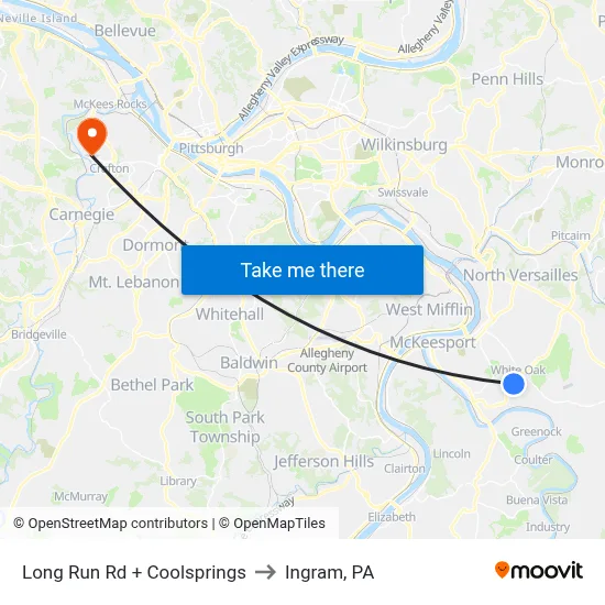Long Run Rd + Coolsprings to Ingram, PA map