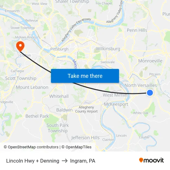 Lincoln Hwy + Denning to Ingram, PA map