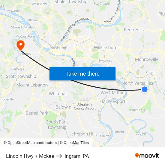 Lincoln Hwy + Mckee to Ingram, PA map