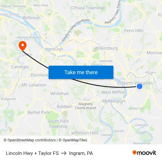 Lincoln Hwy + Taylor FS to Ingram, PA map