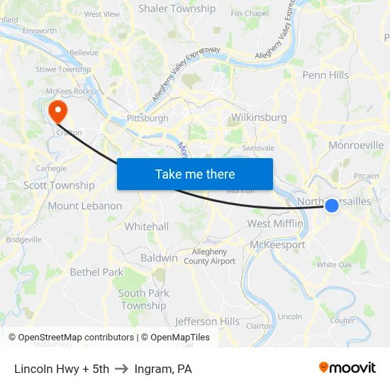 Lincoln Hwy + 5th to Ingram, PA map