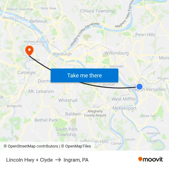 Lincoln Hwy + Clyde to Ingram, PA map